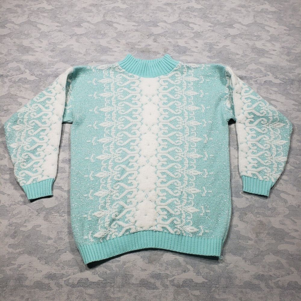 Vintage‎ Rose Sweater Womens Medium Green Mock Neck Hearts Pull-Over